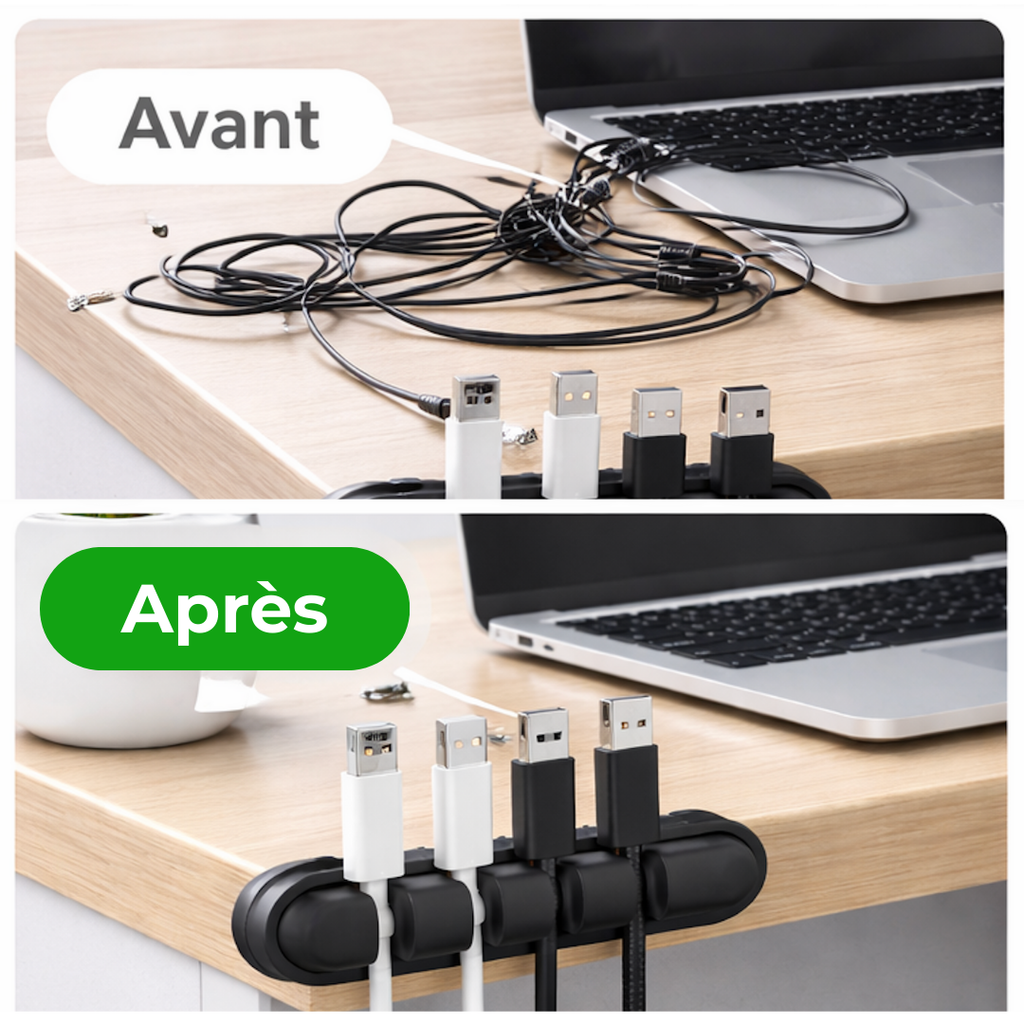 Organisateur câbles adhésif maintenant plusieurs câbles USB et chargeurs